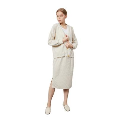 China Sustainable Beige Open-Front Cardigan Sweater Lounge Set Lounge Wear Comfortable Slit Skirt 2 Pieces Set Women 2021 New Arrivals for sale