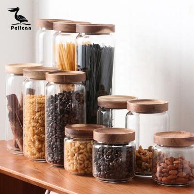 China Freshness Preservation Kitchen Borosilicate Glass Jars Canister Container Kitchen Airtight Empty Food With Bamboo Wooden Lid for sale