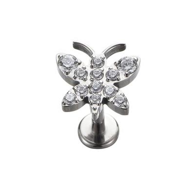 China Youzhu TRENDY Titanium Internally Threaded Butterfly Top Inlaid With Zircon Ear Helix Piercing Titanium ASTM F136 for sale