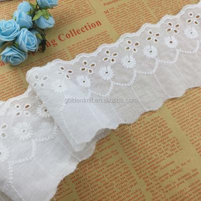 China Viable Golden Knit 8.5cm Width Cotton Lace Embroidery Eyelet White Lace Trim 95769# for sale