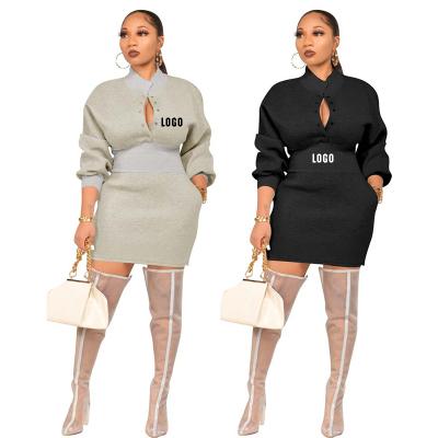 China LOGO Fleece Bodycon Gray Black Free Antistatic Clothes Long Sleeve Women Dress for sale