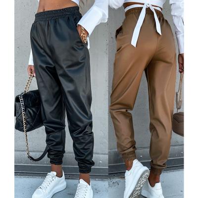 China PU Free High Quality Solid Faux Leather Women's Anti-Wrinkle Logo Women's Pants And Trousers for sale