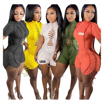 China LOGO Free Bandage Anti-pilling Bodycon Overalls One Piece Shorts High Neck For Women Cotton Knitted Rompers Womens Overalls for sale