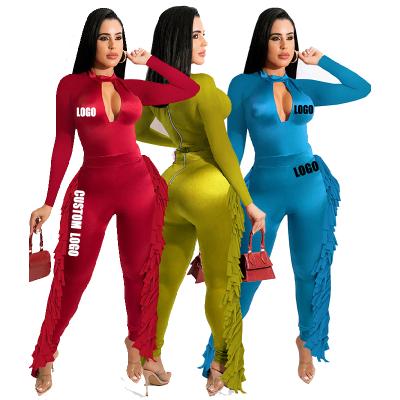 China QUICK DRY Spring Fashion Women New Arrivals Logo Free O-Neck Lace Up Long Sleeve Tops Side Tassels Pants Printed Custom Overalls for sale