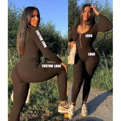 China QUICK DRY Autumn Winter U Neck Women Clothes Elegant One Piece Bodycon Overalls Casual Long Sleeve Yoga Rompers Zip Up Overalls White for sale