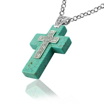 China CLASSIC Cross Honey June Birthstone Bohemian Vintage Look Prayer Cross Gem Cord Necklace Pendant Alloy Women Turquoise Stone Gift for sale