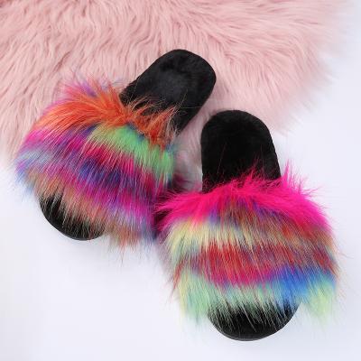 China Fashion Trend Style Faux Fur Slides For Women Ladies Warm Winter Plush Indoor Bedroom Slippers Colorful Slippers for sale