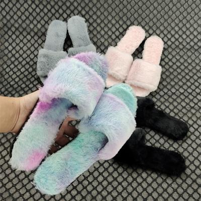 China Hot Sale 2021 Fashion Trend Rainbow Plush Slides Slippers Fashion Style Fur Slippers Women Jelly Furry Sandal Slippers for sale