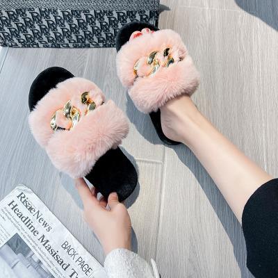 China Fashion Trend Winter Warm Slippers For Women Casual Hairy Ladies Slides Home Chain Slippers for sale