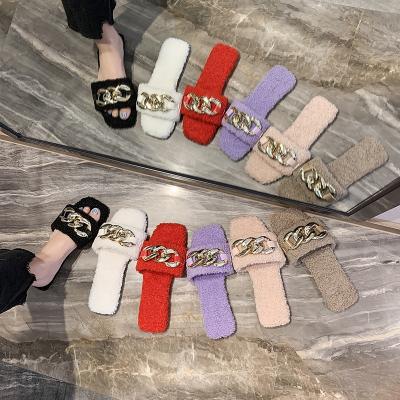 China Fashion Trend Autumn Winter New Style Hairy Flat Slippers Solid Color Women Slippers Adjust Toe Slippers With Chain for sale