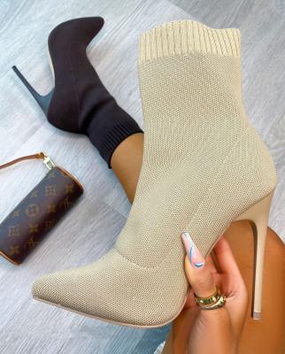 China New arrival women breathable high heel pot headed knit shoes 2021 winter fashion ladies medium tube heels stilettos for sale