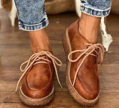 China Hot Sale Stylish Round Flat Leather Shoes Lace Up Loafers For Women's Casual Closed Toe Solid Color Shoes Large Size 2021 for sale