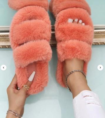 China 2021 New Style Trend Fashion Flat Winter Furry Slides Warm Fur Slippers For Women Solid Color Plush Fluffy Shoes With Thick Bottom for sale