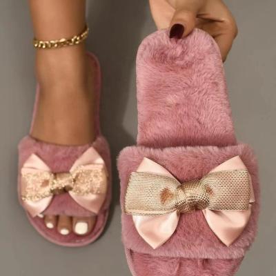 China Fashion Trend Autumn Winter Ladies Flat Furry Slippers Woman Butterfly Open Toe Home Slippers Decoration Fur Slides Slippers With Soft Sole for sale