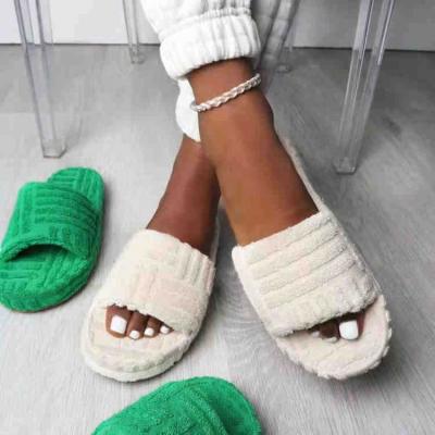 China Fashion Trend Style Ladies Platform Plush Towel Slides Customized Logo Cotton Terry Cloth Slippers Knitted For Women for sale