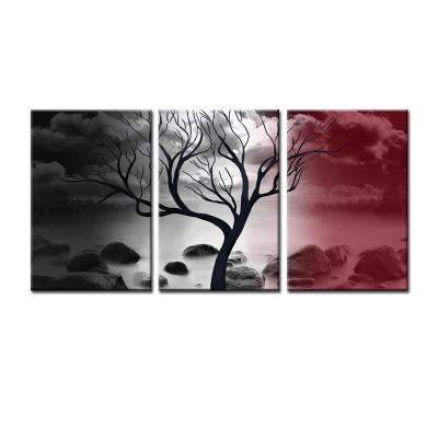 China Modern Posters 3 Dark Lake Tree Stone Clouds Panels Landscape Pictures Art Canvas Prints Painting for sale