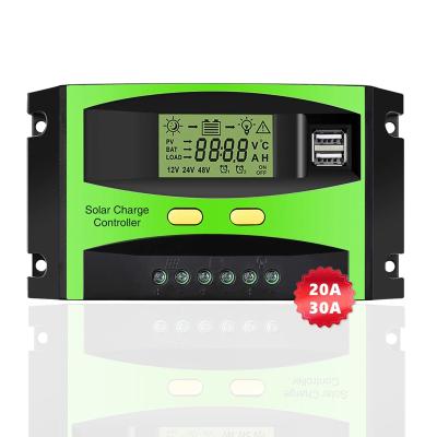 China Upgraded Quality 20A 30A 12/24v Solar Panel Auto Charger Controller Regulator With Dual USB Port PWM Solar Charge Controller for sale