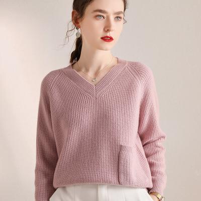 China Breathable Wholesale Women Fashion High Quality Drop Shoulder V-Neck Custom Knit Cashmere Sweater for sale