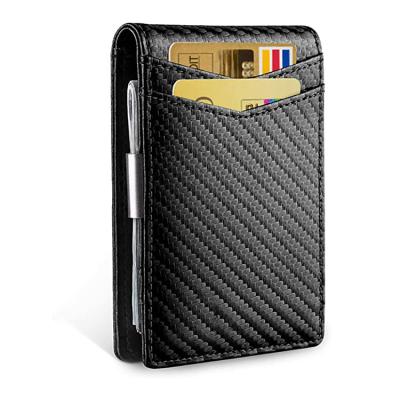 China Hot Sale Amazon RFID Blocking Genuine Leather Logo Slim Carbon Fiber Bifold Money Clip Genuine Leather Wallet with ID Windows for sale