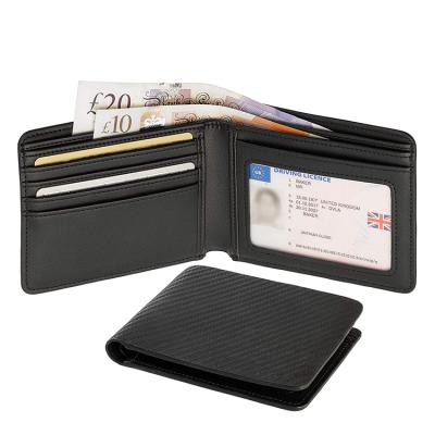 China RFID Logo Luxury Custom Design RFID Blocking Black Carbon Fiber Leather Bi-fold Card Holder Wallet For Man for sale