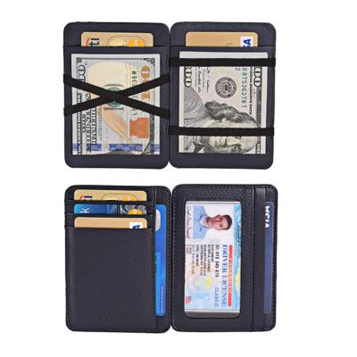 China Unique RFID Fin Feature Magic Elastic Tie Front Pocket RFID Blocking Slim Minimalist Leather Magic Wallet for sale