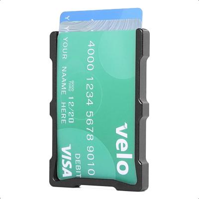 China Pop Fashion One Touch Self-adhesive Metal Aluminum Retractable ID Spring Credit Card Holder Wallet Magnetic Black Wallet Stand For Men for sale