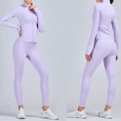 China Breathable Cardigan Fitness Sheath Long Slim Yoga Pants Stand Up Collar Yoga Sports Jacket Finger Loop Yoga Windproof Suit for sale