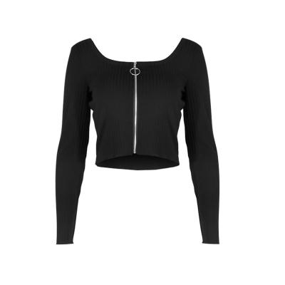 China Fashion Solid Color Anti-Shrink Zipper Knit Sweater Belly Button Cropped Shirt Blouse Top for sale