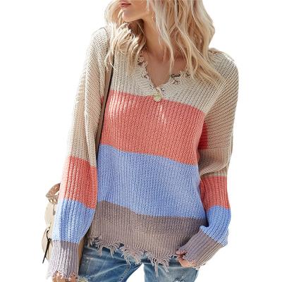 China Striped Anti-wrinkle V-neck contrast color new knitted sweater pullover long-sleeved sweater for sale