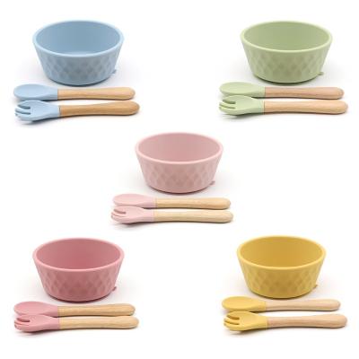 China BPA Free Baby Food Tray Silicone Suction Feeding Bowl Spoon Fork Dinnerware Set Dish Utensils for sale