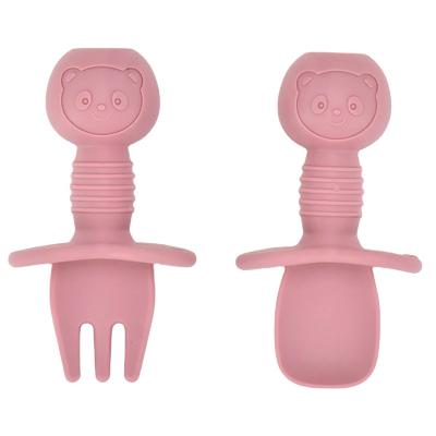 China BPA Free Mini Fork Spoon Cartoon Animal Infant Shaped Baby Spoon Utensil Set Silicone Kids Spoon Fork for sale