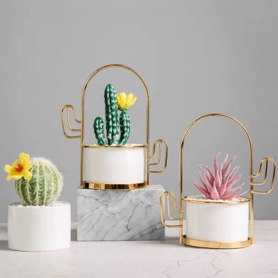 China Wholesale Unique Nordic Indoor Home Decoration Small Succulent Pot Novelty Design Plant Ceramic Pots With Metal Rack for sale