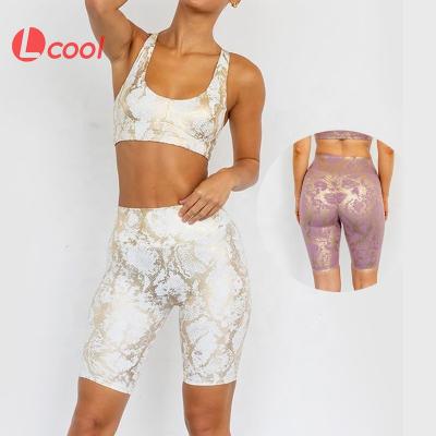 China Lcool New Breathable Fashionable Sportswear 2pcs Snake Printing Fitness Shorts Butt Workout Suit Sports Bra! crack! metallic and shorts yoga set for sale