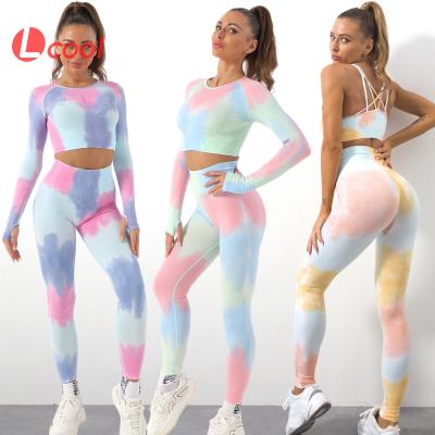 China Lcool Autumn Women Breathable Tie Dye Long Sleeve Knit Seamless Active Wear Set Butt Leggings Workout Tight Set Crac! crack! for sale