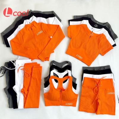 China Best Logo Fitness Yoga Wear 3PCS Long Breathable Lcool Sleeves Bra Leggings Custom Made Seamless Gym Wear Dropshipping for sale