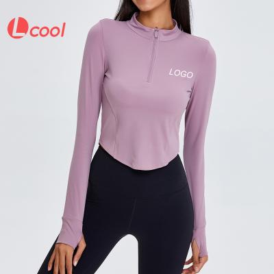 China Lcool Winter Private Label Activewear Breathable Yoga Half Zip Top Women Plain Long Sleeve High Neck Yoga Crop Tops for sale