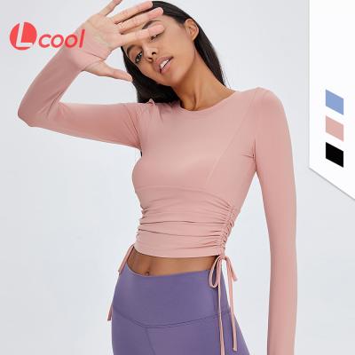 China Lcool Breathable Women Gym Wear iprettysports Sleeve Long Drawstring Custom Fitted Women Yoga Top With Thumb Hole for sale