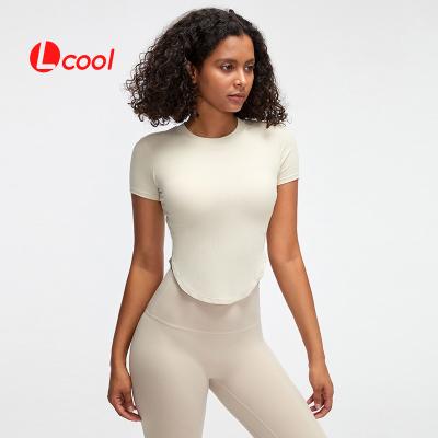 China Lcool Breathable Wholesale Ribbed Sports Short Sleeves Shirt Padded Wear High Quality Seamless Crop Top Yoga Gym Shirt for sale