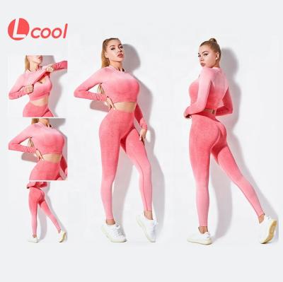 China Lcool Breathable Custom Logo 3 PCS Women Echt Gym Wear Curve Contour Seamless Shade Sportswear Fitness Activities Wear Yoga Set for sale