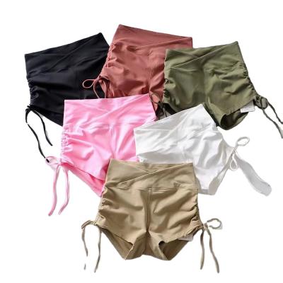 China 2021 Breathable Summer Shorts Skinny Fit Womens Ruched Tie Side Yoga Shorts Bodybuilding High Waist Shorts for sale