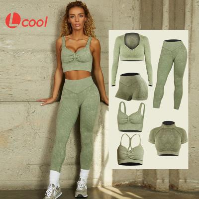 China Lcool Breathable 2022 Women Fitness Sports Wear Ribbed Seamless Set Size 5 Pcs Tops Yoga Tracksuits For Woman for sale