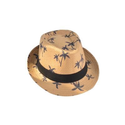 China Wholesale Summer Foldable Fedora Mens Panama Beach Sun Jazz Straw Coconut Leaf Print Paper Hat for sale