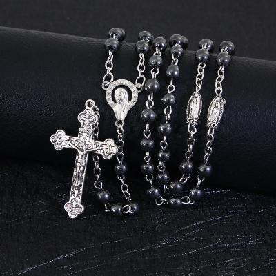 China Religious Catholic Rosaries Pardon Crucifix Necklace No Fade Rosary Beads Virgin Mary Hematite Komi Stone Medals Color Men for sale