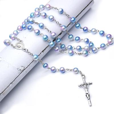 China 2022 Komi Rosary Cross Pendant Necklace Jewelry Catholic 8mm Religious Colorful Plastic Bead Crucifix for sale