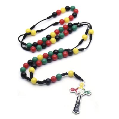 China 2022 Christian Jewelry Prayer Komi Weaving Necklace Wholesale Colorful Plastic Religious Cross Beads Rosary Religious for sale