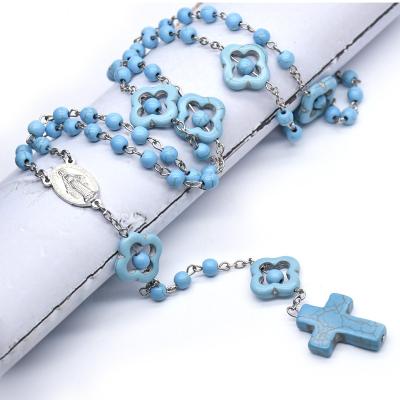 China 2022 Turquoise Religious Catholic Blue Cross Komi Necklace Gift Prayer Beads Rosary Pendant Necklace for sale