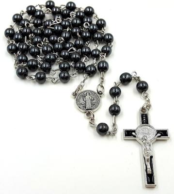 China Komi 2021 Religious Wholesales Religious Catholic Black Gallstone Retro Rosary Pendant Cross Beads Necklace for sale