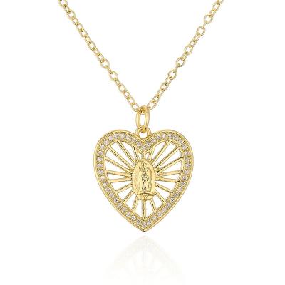 China 2022 Wholesale Fashion Religious Gold Zircon Chain Heart Shaped Virgin Mary Pendant Necklace For Women Jewelry for sale