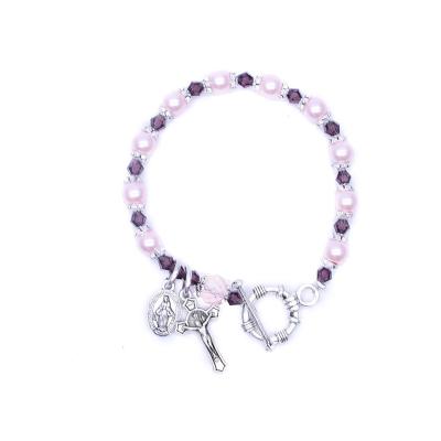 China 2022 New Design Religious Catholic Women's Bead Crystals Purple Bracelet Alloy Plating Pink Cross Charm Keepsake Rosary Bracelet for sale