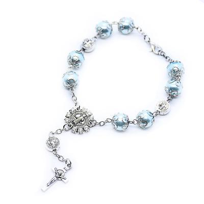 China 2022 Blue Komi Religious Glass Faux Pearl Rosary Bead Bracelets with Maria Center and Mini Benedict Cross Bracelet for sale